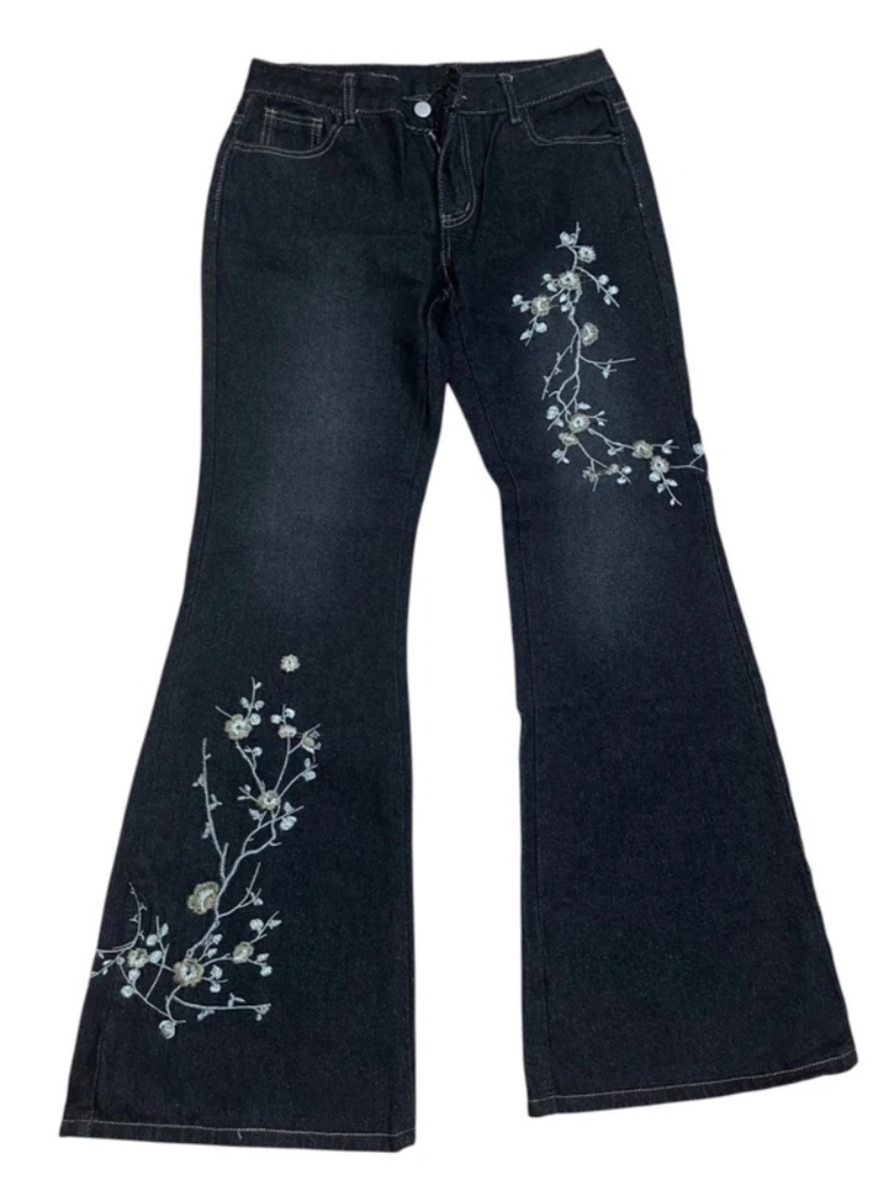 Y2K Black Floral Embroidered Flared Bootcut Jeans W30